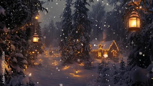 Enchanting Snowy Winter Forest Cabin with Cozy Lanterns