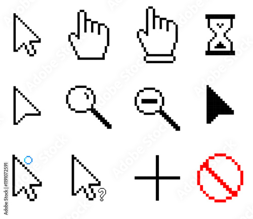 Collection of pixel art computer cursor icons, Cursor icon set, cursor pointers, cursor mouse icon set, zooming icon set, arrow, hourglass, loading cursor, cursors for retro games, pixel art.