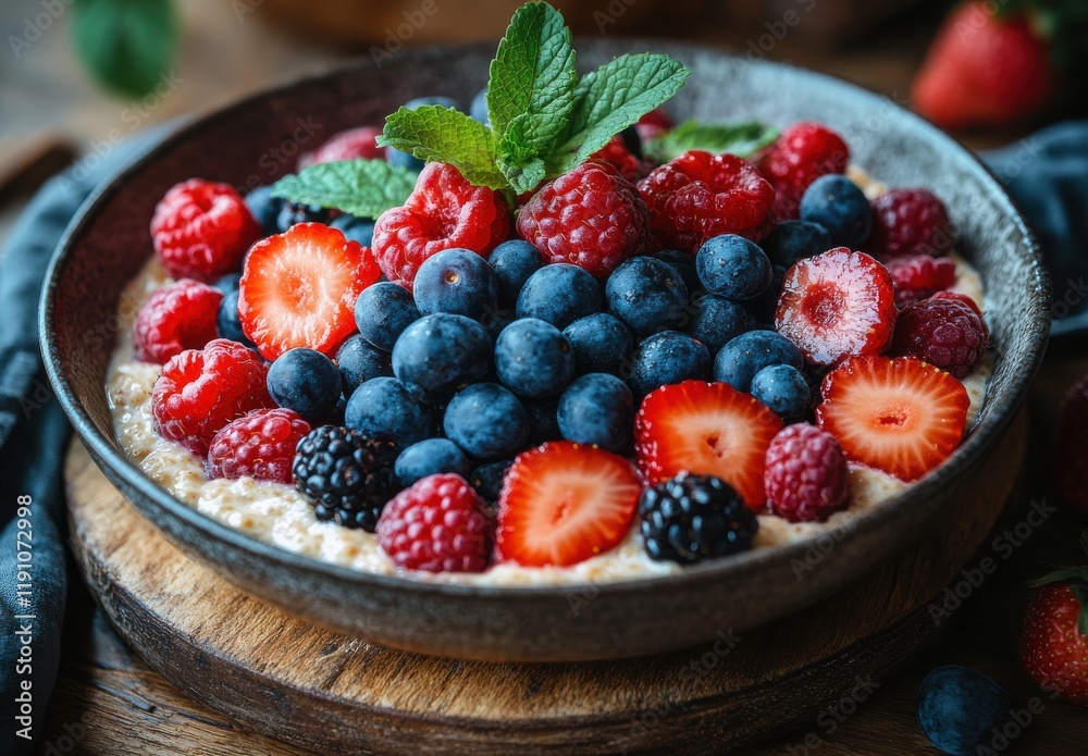 Fresh and Colorful Summer Fruit Bowl with Blueberries, Raspberries, Strawberries, and Blackberries Topped with Mint Leaves on a Rustic Wooden Table Fresh and Colorful Summer Fruit Bowl with Blueberries, Raspberries, Strawberries, and Blackberries Topped with Mint Leaves on a Rustic Wooden Table