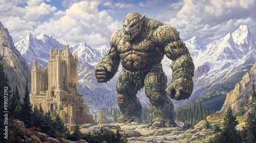 Earth golem guarding an ancient temple in a mountain valley