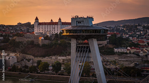 Canvas Print sunset over the bridge, UFO, castle, Bratislava, Slovakia