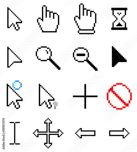 Pixelated various computer cursor icons, including pointers, hands, hourglass, spinning circles, magnifiers, arrows, question marks, cross symbol, plus signs, minus signs, and prohibition icons, pixel