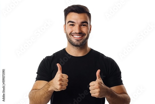 A smiling man giving two thumbs up, conveying positivity and encouragement.