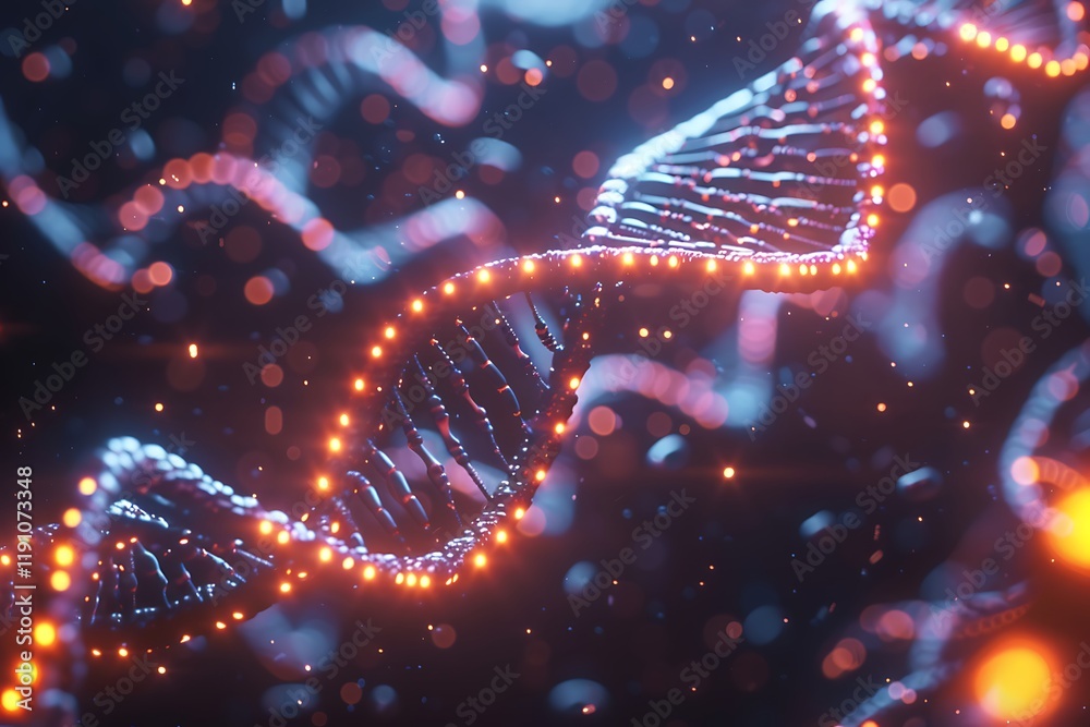 A 3D rendering of a DNA double helix glowing orange. The background features dark blue and orange bokeh effects, creating a futuristic, scientific aesthetic. A 3D rendering of a DNA double helix glowing orange. The background features dark blue and orange bokeh effects, creating a futuristic, scientific aesthetic.