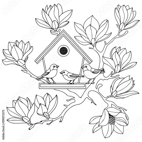 Bird house with birds on a magnolia branch black and white vector illustration