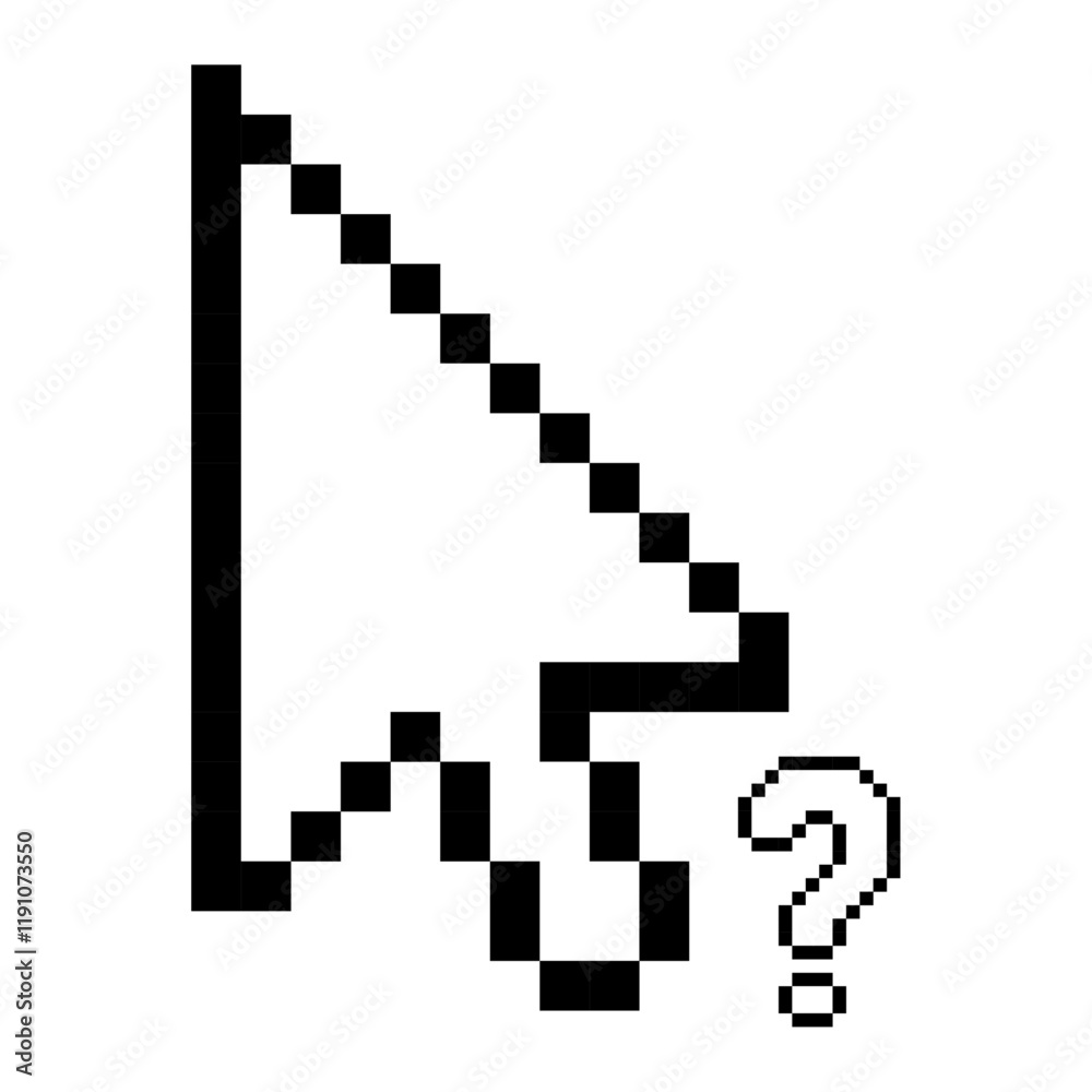 Pixelated Computer Cursor Icon, Black and White Pointer with Question Mark, Retro Digital Graphic Design Element, pixelated cursor with question mark, pixelated question mark. Pixelated Computer Cursor Icon, Black and White Pointer with Question Mark, Retro Digital Graphic Design Element, pixelated cursor with question mark, pixelated question mark.