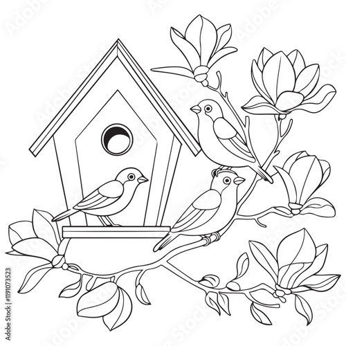 Bird house with birds on a magnolia branch black and white vector illustration
