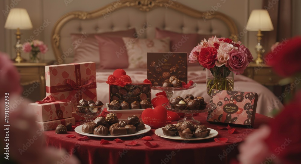 Chocolates and Romance: A lavish display of exquisite chocolates, roses, and romantic décor on a table, capturing the essence of love, sweetness, and indulgence in a luxurious setting. Chocolates and Romance: A lavish display of exquisite chocolates, roses, and romantic décor on a table, capturing the essence of love, sweetness, and indulgence in a luxurious setting.