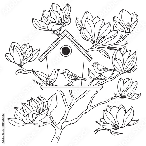 Bird house with birds on a magnolia branch black and white vector illustration