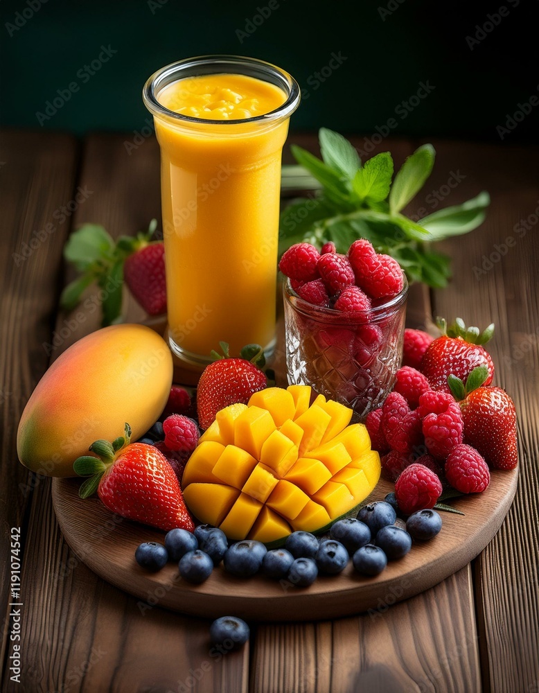 Generated image Fresh fruit and smoothie arrangement featuring mango, raspberries Generated image Fresh fruit and smoothie arrangement featuring mango, raspberries