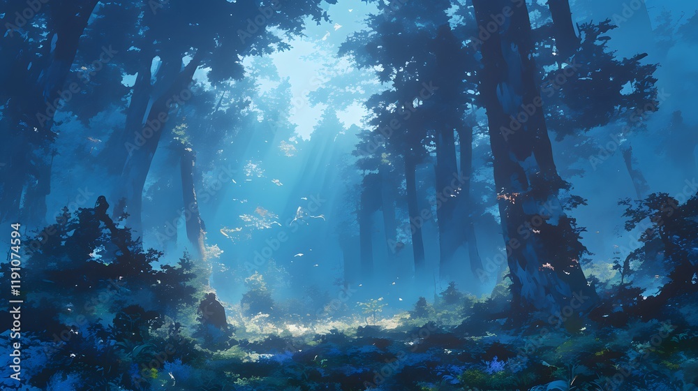 Fototapeta premium A mysterious forest scene with misty light rays piercing through tall trees creates an eerie and atmospheric landscape.