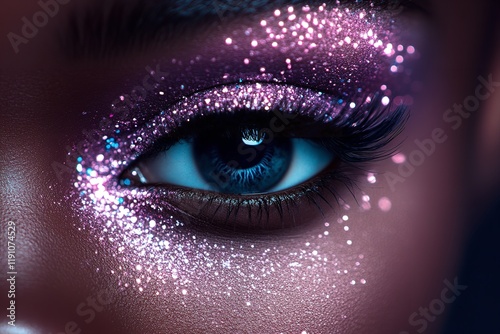 Close-up of an eye featuring creative makeup with shimmering glitter and bold colors. This artistic expression emphasizes beauty and style, perfect for special occasions or fashion shows