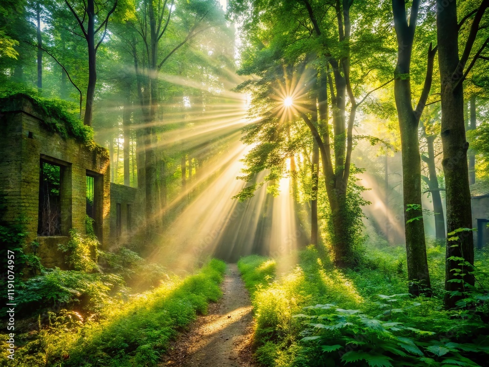 Fototapeta premium Sunbeams Pierce Misty Green Forest, Urban Exploration Photography