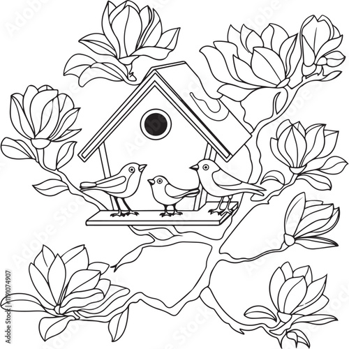 Bird house with birds on a magnolia branch black and white vector illustration