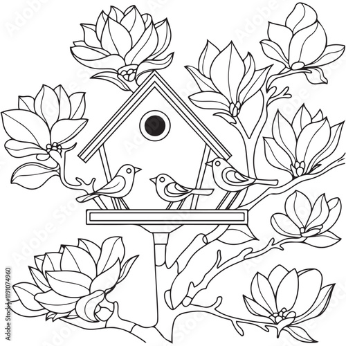 Bird house with birds on a magnolia branch black and white vector illustration