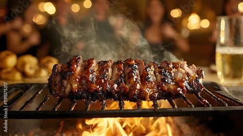 Juicy barbecue meat including ribs steak and skewers sizzling and charring on a hot grill with flames and smoke with a blurred crowd of people celebrating in the background photo