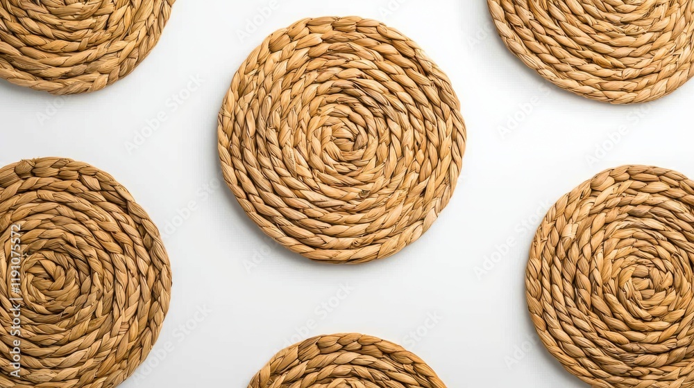 The image features circular woven coasters arranged on a light background, showcasing a natural texture and minimalist design.