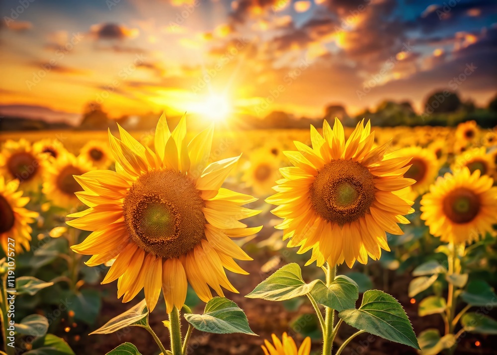 Fototapeta premium Sun-Drenched Sunflower Field: Vibrant Summer Landscape Photography