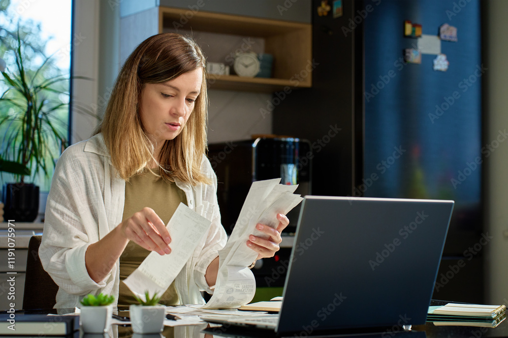 Stressed woman reviewing bills at home. Female organizing receipts, sitting at kitchen table with laptop and paper documents. Concept of budgeting and managing personal finances