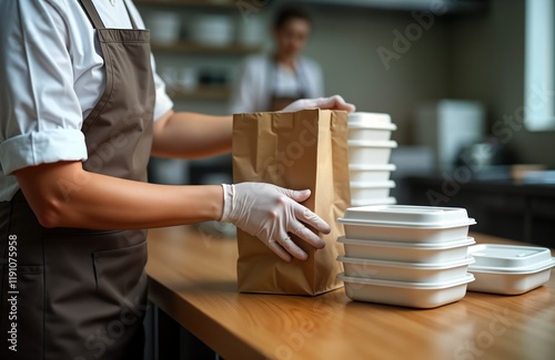 Woman in apron, gloves packs takeaway food containers into paper bag in commercial kitchen. Preparation for food delivery visible. Order ready. Small business takeaway concept in focus. Eco-friendly