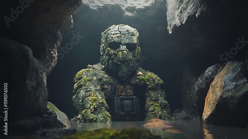 Earth golem guarding a mystical artifact in a hidden grotto