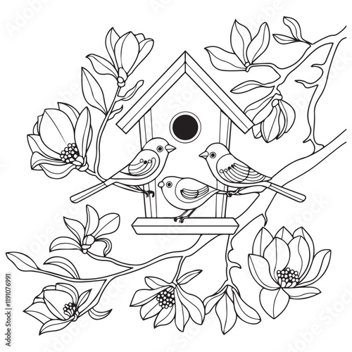 Bird house with birds on a magnolia branch black and white vector illustration