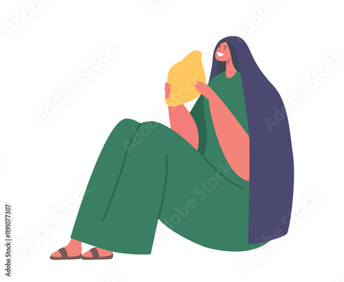 Smiling Woman Sits Holding Loaf of Bread. Hungry Female Hearer of Edifying Sermon. Cartoon People Vector Illustration