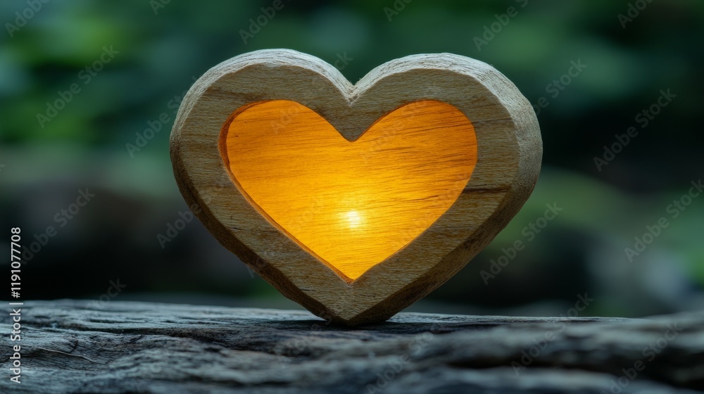 Fototapeta premium A glowing lantern in the shape of a heart, casting warm light in a dark, wooded area.