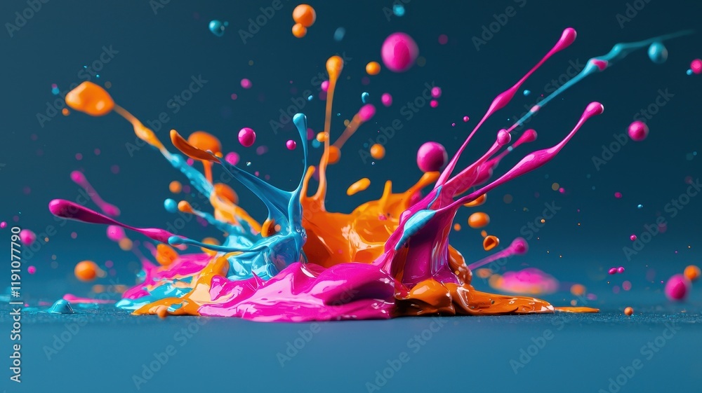 Fototapeta premium Contrast bold tone concept. Colorful paint splashes create an artistic display against a dark background, showcasing vibrant hues and dynamic motion.