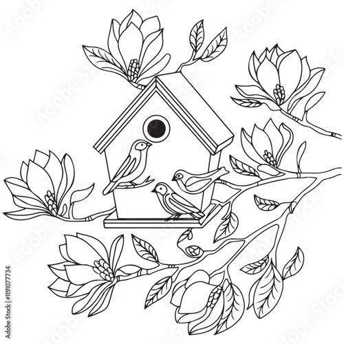Bird house with birds on a magnolia branch black and white vector illustration