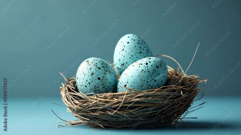 Three speckled blue eggs resting in a natural nest on a teal background in a soft, serene light Three speckled blue eggs resting in a natural nest on a teal background in a soft, serene light