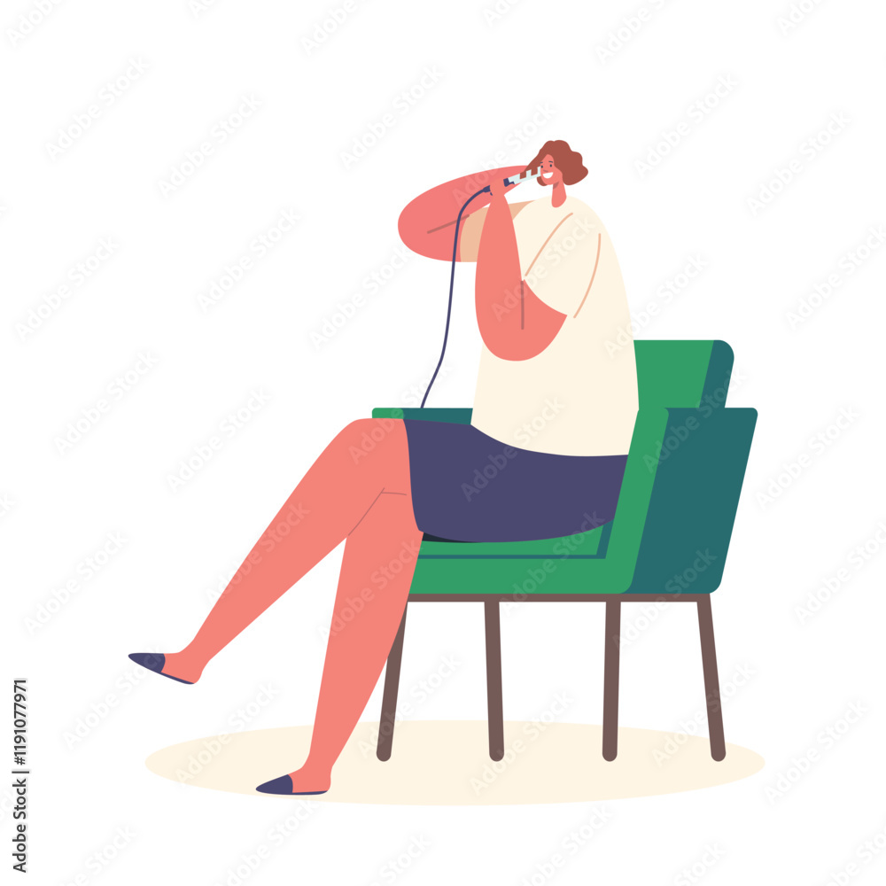 Woman Using Curling Iron To Style Her Hair Sitting On Armchair Isolated On White Background. Beauty And Hair Care Woman Using Curling Iron To Style Her Hair Sitting On Armchair Isolated On White Background. Beauty And Hair Care