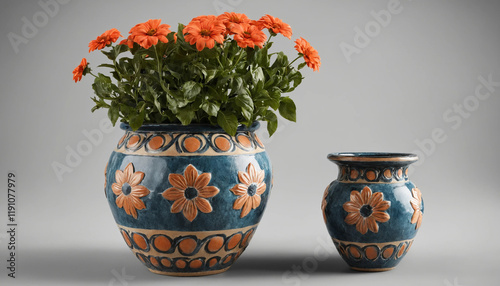 Vibrant orange flowers in beautifully decorated vases, perfect for adding a splash of color and elegance to home interiors, weddings, and special events photo