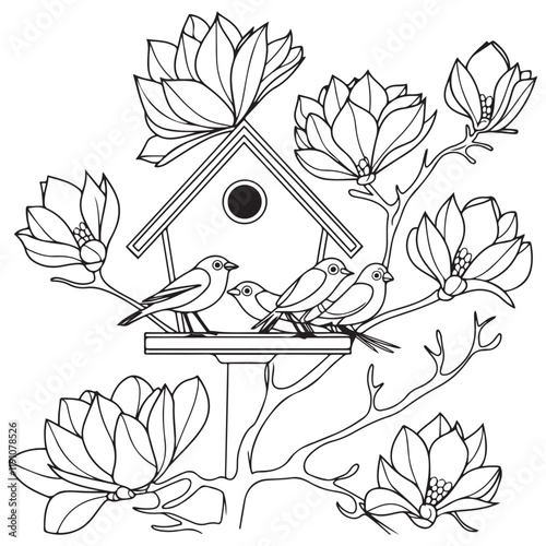 Bird house with birds on a magnolia branch black and white vector illustration