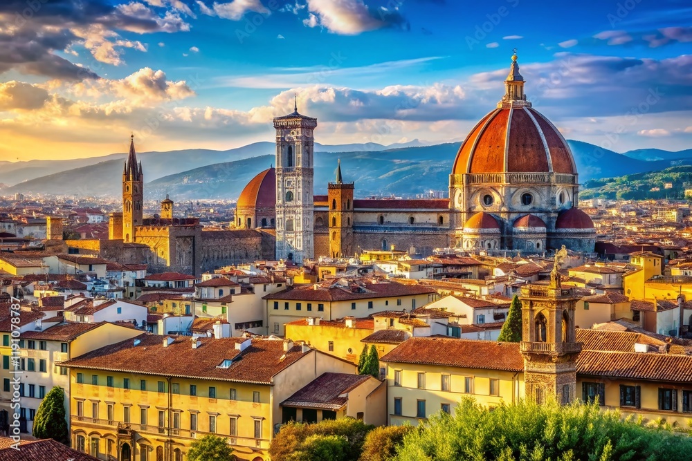 Fototapeta premium Sunny Day in Florence, Italy: Scenic View of Tuscan Architecture with Copy Space