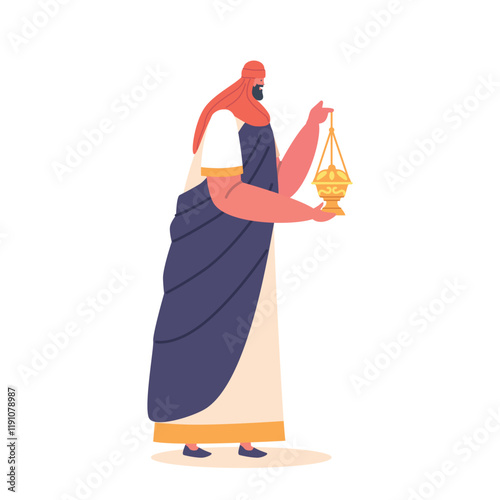 Biblical Magi Melchior With Gift Of Frankincense To Honor Baby Jesus. King From The East Who Followed Star To Bethlehem