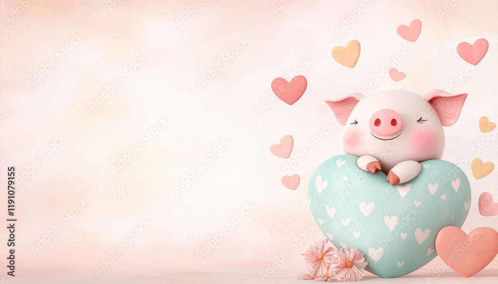 Fototapeta premium Cute piglet surrounded by hearts and flowers, perfect for nursery art