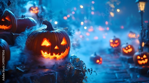 Foggy Pumpkin Lantern Hollow with Carved Pumpkins Illuminating a Ghostly Mist in Autumn Harvest Festival  Spooky and eerie Halloween atmosphere with jack o lanterns glowing in the creepy photo