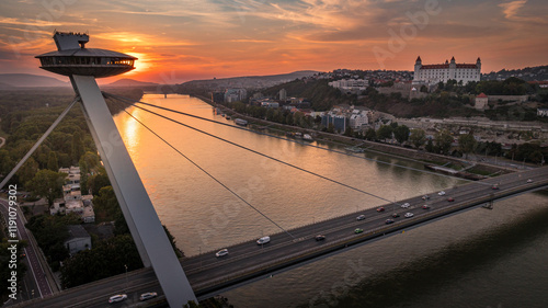 Canvas Print sunset over the bridge, Bratislava, Slovakia