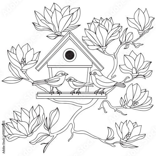 Bird house with birds on a magnolia branch black and white vector illustration