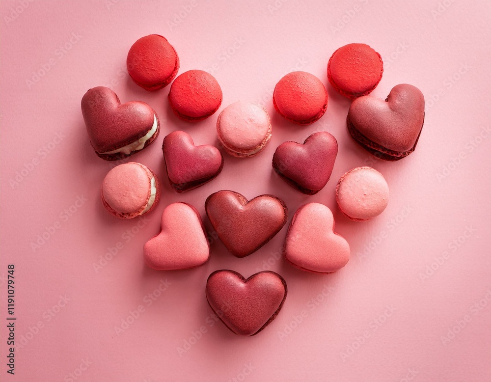 Obraz premium Generated image Heart-shaped berry macarons on pink background- sweet treats for valentine's day