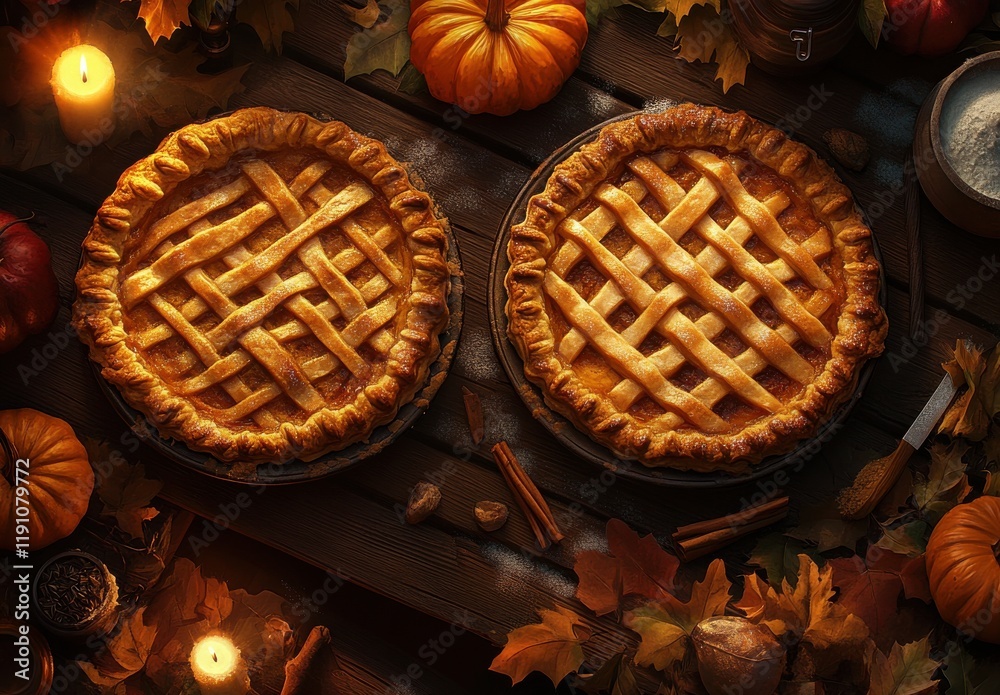 Freshly Baked Pumpkin Pies with Lattice Crusts Surrounded by Autumn Leaves, Pumpkins, and Seasonal Decor on Rustic Wooden Table Freshly Baked Pumpkin Pies with Lattice Crusts Surrounded by Autumn Leaves, Pumpkins, and Seasonal Decor on Rustic Wooden Table