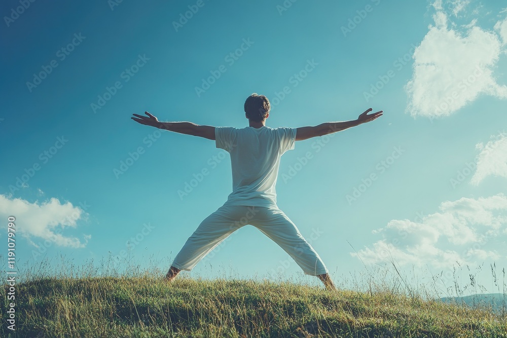 Athletic man practicing yoga on a grassy hillside under a clear blue sky, serene landscape emphasizing health and mindfulness, copy space background Athletic man practicing yoga on a grassy hillside under a clear blue sky, serene landscape emphasizing health and mindfulness, copy space background