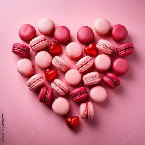 Generated image Heart-shaped berry macarons on pink background- sweet treats for valentine's day