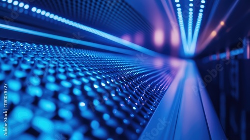 A futuristic digital landscape featuring a three-dimensional cluster of glowing geometric blocks in various colors,