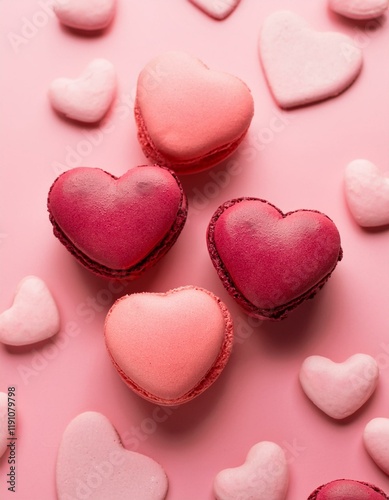 Generated image Heart-shaped berry macarons on pink background- sweet treats for valentine's day