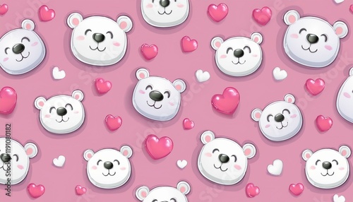3D Cute Polar Bear smile Pattern with Hearts seamless