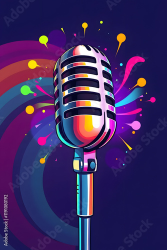 A vibrant illustration of a classic microphone with colorful sound waves emanating, symbolizing music, communication, and creativity.