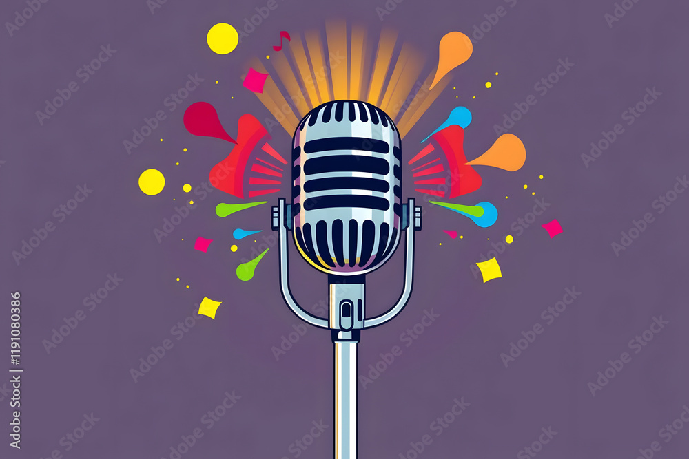 A vibrant illustration of a classic microphone with colorful sound waves emanating, symbolizing music, communication, and creativity. A vibrant illustration of a classic microphone with colorful sound waves emanating, symbolizing music, communication, and creativity.