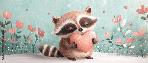 Cute raccoon holding heart surrounded by flowers in whimsical setting photo